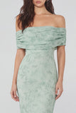 Dusty Sage Print Off the Shoulder Sheath Chiffon Midi Dress