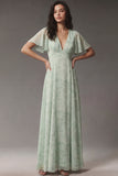 Dusty Sage V Neck Chiffon A Line Midi Dress with Short Sleeves