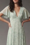 Dusty Sage V Neck Chiffon A Line Midi Dress with Short Sleeves