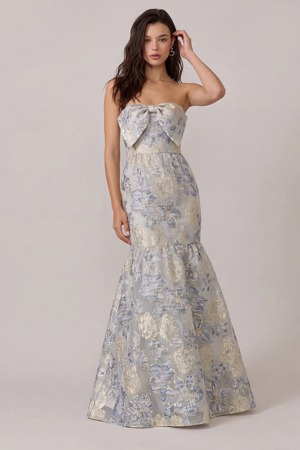ZAPAKA Women Dusty Blue Jacquard Midi Dress with Bowknot Satin Strapless Mermaid Wedding Guest Dress, Dusty Blue / US16 ZAPAKA Women Dusty Blue Jacquard Midi Dress with Bowknot Satin Strapless Mermaid Wedding Guest Dress, Dusty Blue / US16