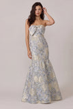 Dusty Blue Jacquard Satin Mermaid Wedding Guest Dress with Bowknot