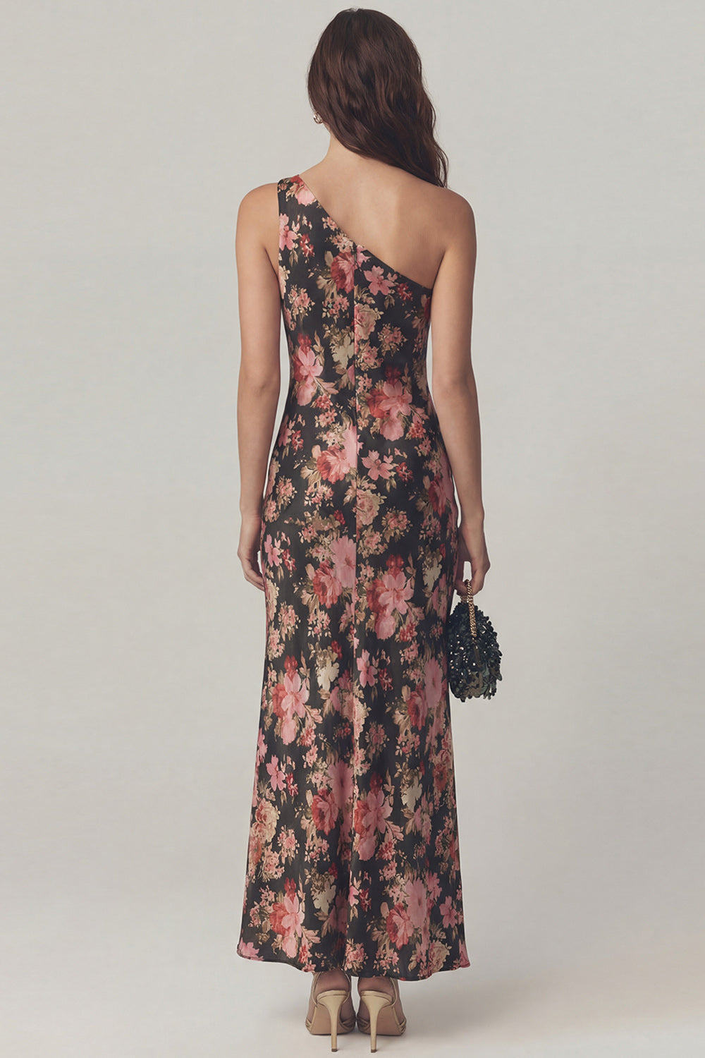 ZAPAKA Women Black Pink Flower Printed Satin Dress One Shoulder Sheath