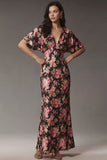 Black Pink Flower V Neck Sheath Satin Midi Dress with Short Sleeves