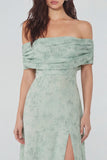 Dusty Sage Printed Chiffon A-Line Off the Shoulder Midi Dress with Slit