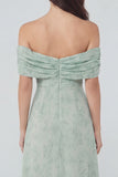 Dusty Sage Printed Chiffon A-Line Off the Shoulder Midi Dress with Slit