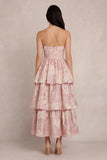 Blush Flower Jacquard Tiered A-Line Corset Strapless Satin Midi Dress