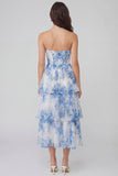White Blue Flower Tulle A-Line Corset Strapless Tiered Midi Dress