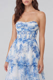 White Blue Flower Tulle A-Line Corset Strapless Tiered Midi Dress