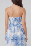 White Blue Flower Tulle A-Line Corset Strapless Tiered Midi Dress