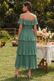 Eucalyptus Chiffon Tiered Pleated Off the Shoulder A-Line Midi Dress
