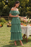 Eucalyptus Chiffon Tiered Pleated Off the Shoulder A-Line Midi Dress