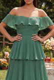 Eucalyptus Chiffon Tiered Pleated Off the Shoulder A-Line Midi Dress