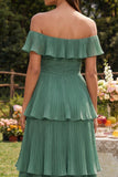 Eucalyptus Chiffon Tiered Pleated Off the Shoulder A-Line Midi Dress