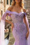 Off The Shoulder Lilac Mermaid Embroidered Long Prom Dress with Slit