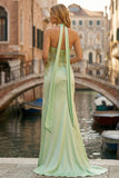Halter Corset Light Green Beaded Mermaid Long Prom Dress with Slit