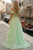 Off The Shoulder Light Green Corset A-Line High-Low Prom Dress with Beading