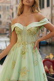 Off The Shoulder Light Green Corset A-Line High-Low Prom Dress with Beading