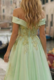 Off The Shoulder Light Green Corset A-Line High-Low Prom Dress with Beading