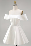 White Satin Corset Off the Shoulder A-Line Short Wedding Dress