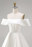 White Satin Corset Off the Shoulder A-Line Short Wedding Dress