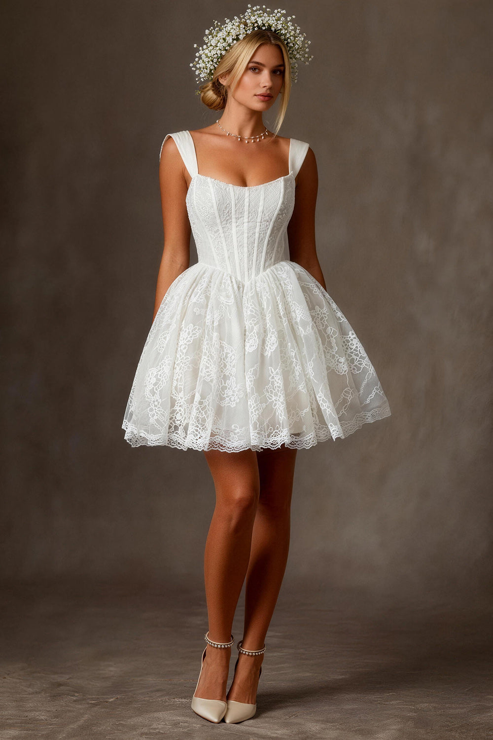 ZAPAKA Women White A-Line Graduation Dress Lace Square Neck Corset Mini Little White Dress, White / US12