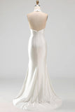 Ivory High Neck Pearls Mermaid Satin Wedding Dress with Sweep Train