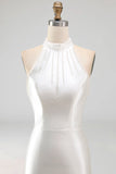 Ivory High Neck Pearls Mermaid Satin Wedding Dress with Sweep Train