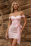 Off the Shoulder Pink Bodycon Sequins Homecoming Dress with Belt