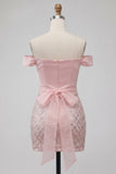 Off the Shoulder Pink Bodycon Sequins Homecoming Dress with Belt
