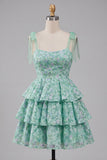 Light Green Thick Straps Tiered A-Line Floral Homecoming Dress