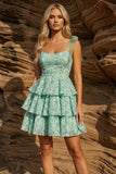 Light Green Thick Straps Tiered A-Line Floral Homecoming Dress