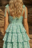 Light Green Thick Straps Tiered A-Line Floral Homecoming Dress