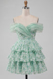 Light Green Off the Shoulder Tiered A-Line Floral Homecoming Dress