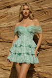 Light Green Off the Shoulder Tiered A-Line Floral Homecoming Dress