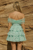 Light Green Off the Shoulder Tiered A-Line Floral Homecoming Dress