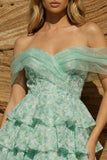 Light Green Off the Shoulder Tiered A-Line Floral Homecoming Dress