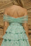Light Green Off the Shoulder Tiered A-Line Floral Homecoming Dress