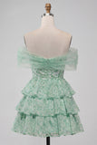 Light Green Off the Shoulder Tiered A-Line Floral Homecoming Dress