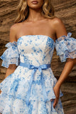 A-Line Blue Off the Shoulder Tiered Floral Homecoming Dress