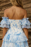 A-Line Blue Off the Shoulder Tiered Floral Homecoming Dress