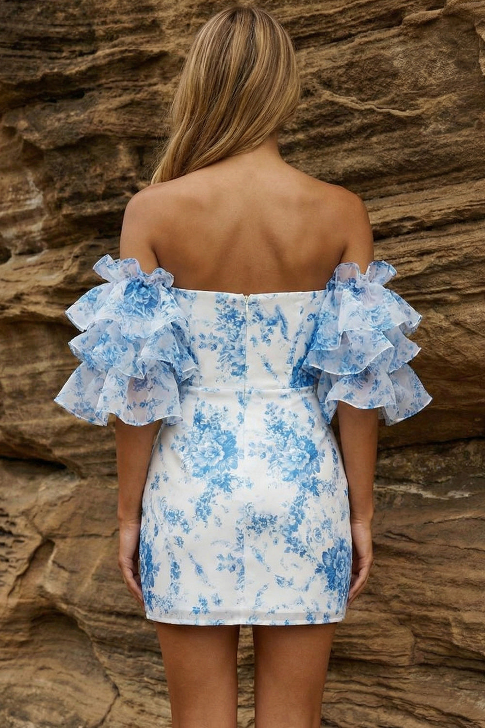 Zapaka Women Blue Homecoming Dress Off the Shoulder Bodycon Floral Cocktail Dress – ZAPAKA
