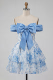 Blue A-Line Off the Shoulder Floral Homecoming Dress with Bow