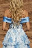 Blue A-Line Off the Shoulder Floral Homecoming Dress with Bow