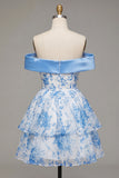 Blue A-Line Off the Shoulder Floral Homecoming Dress with Bow