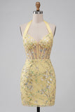 Yellow Sheer Corset Halter Neck Bodycon Floral Homecoming Dress with Sequins