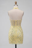 Yellow Sheer Corset Halter Neck Bodycon Floral Homecoming Dress with Sequins