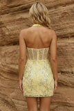 Yellow Sheer Corset Halter Neck Bodycon Floral Homecoming Dress with Sequins