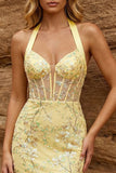 Yellow Sheer Corset Halter Neck Bodycon Floral Homecoming Dress with Sequins