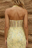 Yellow Sheer Corset Halter Neck Bodycon Floral Homecoming Dress with Sequins