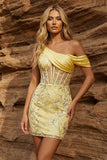 One Shoulder Yellow Bodycon Sheer Corset Floral Homecoming Dress with Sequins